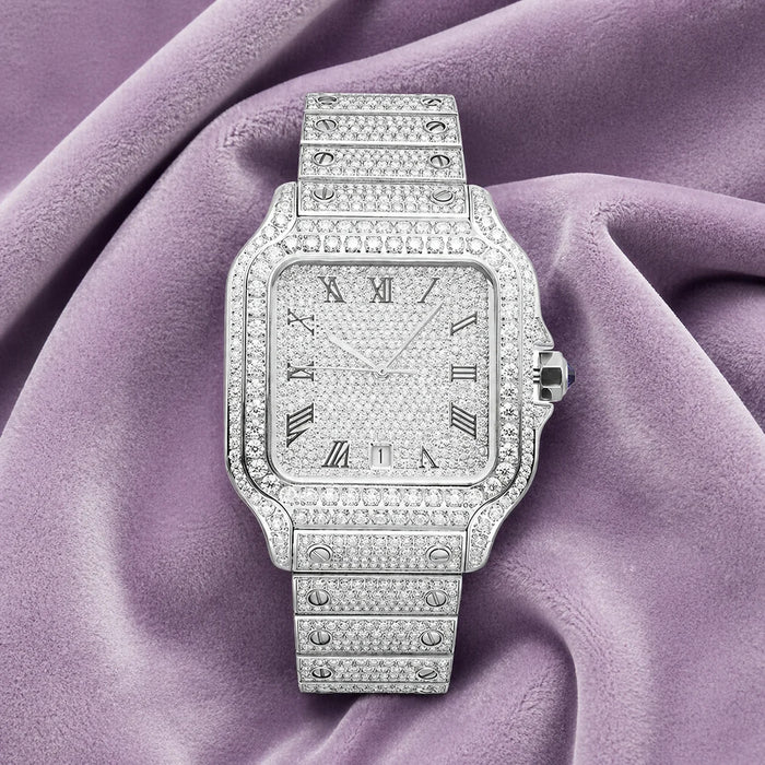 Bust Down VVS Moissanite Watch 14K White Gold 16CT 42MM