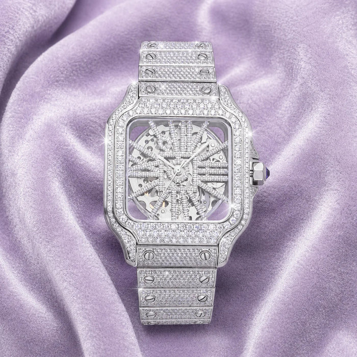 Skeleton Bust Down VVS Moissanite Watch 14K White Gold 42MM 14.1CT