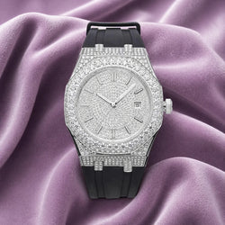 Moissanite Iced Out Silicone Band Watch | 13.5CT | 14K White Gold