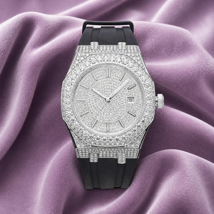Moissanite Iced Out Silicone Band Watch | 13.5CT | 14K White Gold