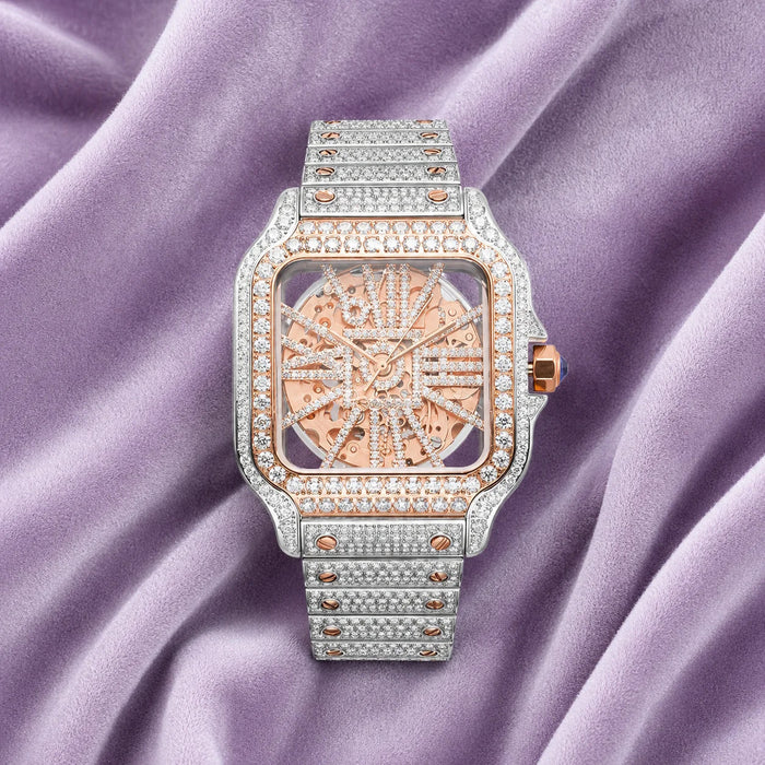 Moissanite Skeleton Watch | 42MM | 14K Rose Gold | 14.1CT Bust Down