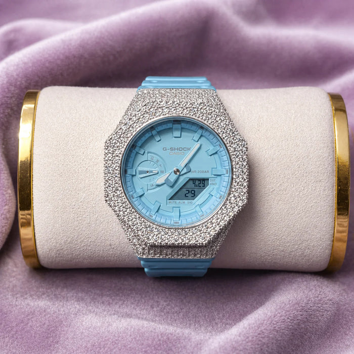 Custom Iced Moissanite 925 Silver Watch Built on Genuine Casio G-SHOCK – Ice Blue