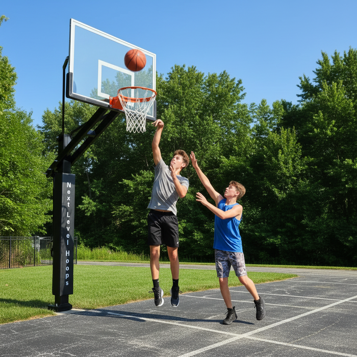 Next Level Hoops in-ground basketball hoop with two kids playing on outdoor court